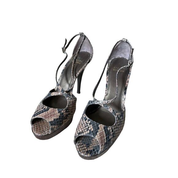 Stuart Weitzman Women Stewpot Platform Heels Tan Black Snakeskin Peeptoes 8.5h - Picture 3 of 10